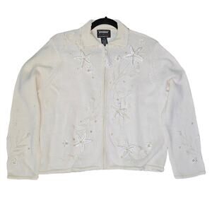 Designers Originals Cardigan Sweater Womens Medium Petite Ivory Floral Sequin